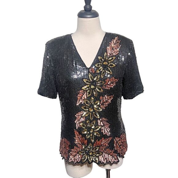 Vintage Stenay Short Sleeve Sequined Blouse Fall Flowers Size Small - Picture 1 of 6